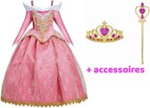 Doornroosje - Prinsessenjurk Meisje - Aurora Jurk - Verkleedkleren Meisje - 140/146 - Prinsessen Verkleedkleding - + Kroon / Staf / Handschoenen / Carnavalskleding Kinderen - Roze