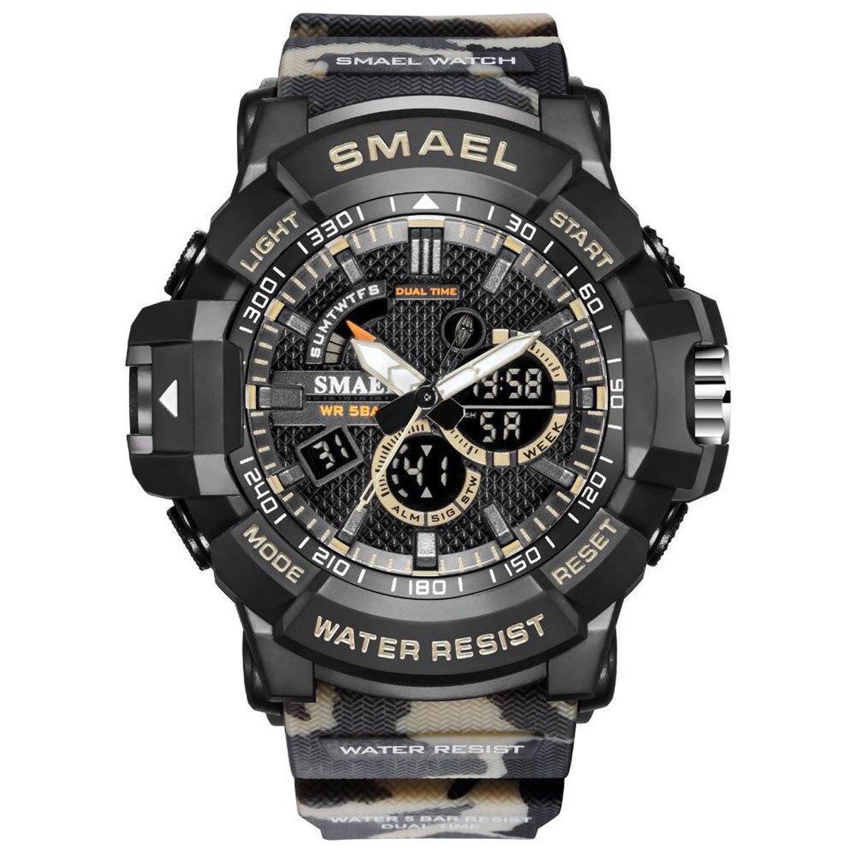 Heren Horloge Zwart met Army rubber band Khaki Bruin zwart | Smael | Waterdicht |Glow in dark | Mud Master | Mudmaster | Shock | Leger | Grof | Licht | Rubberen band | Timer | Eyecatcher | Master| | kado| Cadeau
