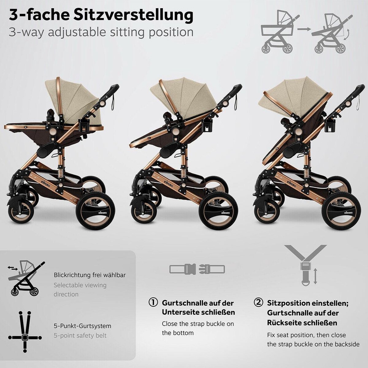 KIDUKU 3 in 1 Combi-Kinderwagen Bruin/Goud Inklapbaar - afbeelding 3