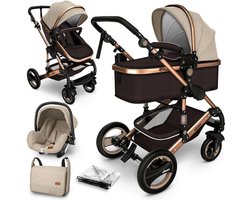 KIDUKU- 3 in 1 combi-kinderwagen- bruin/goud- buggy incl. autostoeltje-regenhoes- inklapbaar