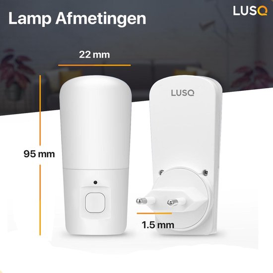 Witte LUSQ nachtlamp en stekkerdeel, afmetingen 95mm x 22mm. "Lamp Afmetingen".
