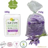 Biologische essentiële lavendel zeep 100g en zeepvlokken 750g. Zonder conserveermiddel. Bio COMBI voordeel pakket.
