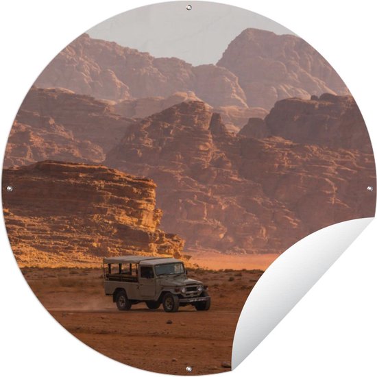 Tuincirkel Wadi Rum - Jeep - Woestijn - 90x90 cm - Ronde Tuinposter - Buiten