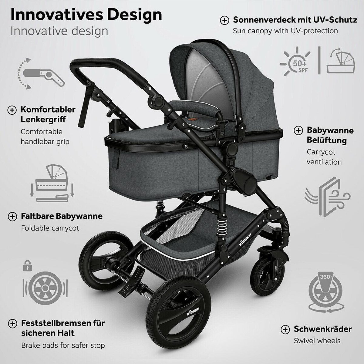 KIDUKU- 3 in 1 combi-kinderwagen- antraciet/zwart buggy - afbeelding 3