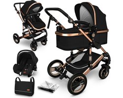 KIDUKU- 3 in 1 combi-kinderwagen- zwart/goud- buggy incl. autostoeltje-regenhoes- inklapbaar