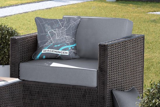 Coussin de jardin - Carte - Wageningen - Grijs - Blauw - 40x40 cm - Résistant aux intempéries