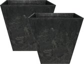 Set van 2x stuks bloempot/plantenpot gerecycled kunststof/steenpoeder zwart dia 15 cm en hoogte 15 cm - Binnen en buiten gebruik