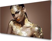 Glasschilderij Beautiful woman and gold | 4 mm veiligheidsglas | 120 x 80 cm | Blind ophangsysteem | Glazen schilderijen