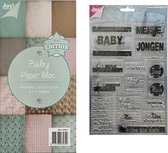 Joy!Crafts / Papierblok  Baby / Stempel / Hobbyset / knutselpapier blauw 12 vel 15x30cm/ 1 Papierblok A5(6011/0042) 32 vel, Clearstamp (6410/0460) 5 stuks in 1 Set/Noor!design Vint