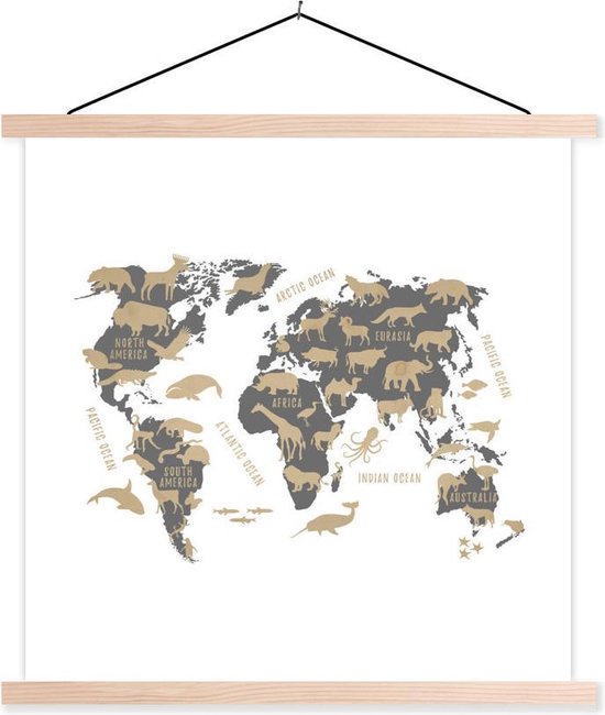 Wereldkaart Enfants - Marron - Animaux - 60x60 cm - Affiche scolaire