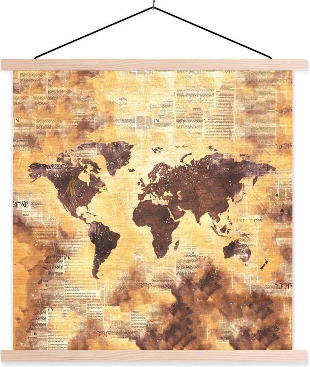 Posterhanger incl. Poster 60x60 cm - Schoolplaat - Wereldkaart - Stippen - Kleuren - Textielposter - Blanke latten