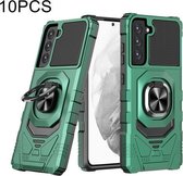 Voor Samsung Galaxy S21 FE 5G 10 PCS Union Armor Magnetische PC + TPU Shockproof Case met 360 Graden Rotatie Ring Houder (Dark Night Green)