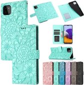 Voor Samsung Galaxy A22 5G Huid Voelen Reliëf Zonnebloem Horizontale Flip Lederen Case met Houder & Kaartsleuven & Portemonnee & Lanyard (Groen)