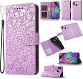 Voor Samsung Galaxy A40 Huid Voelen Reliëf Zonnebloem Horizontale Flip Lederen Case met Houder & Kaartsleuven & Portemonnee & Lanyard (Paars)