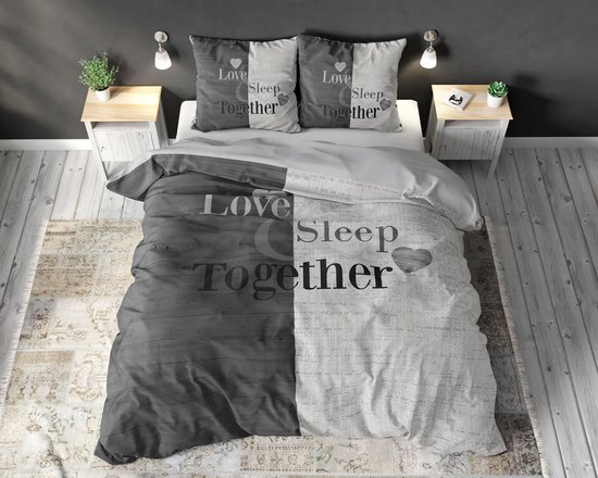 Vision - Parure de lit Love Gris - Set de Housse de Couette 240x220 cm avec  2 taies d'oreiller pour lit Standard 2 Personnes - 100% Coton