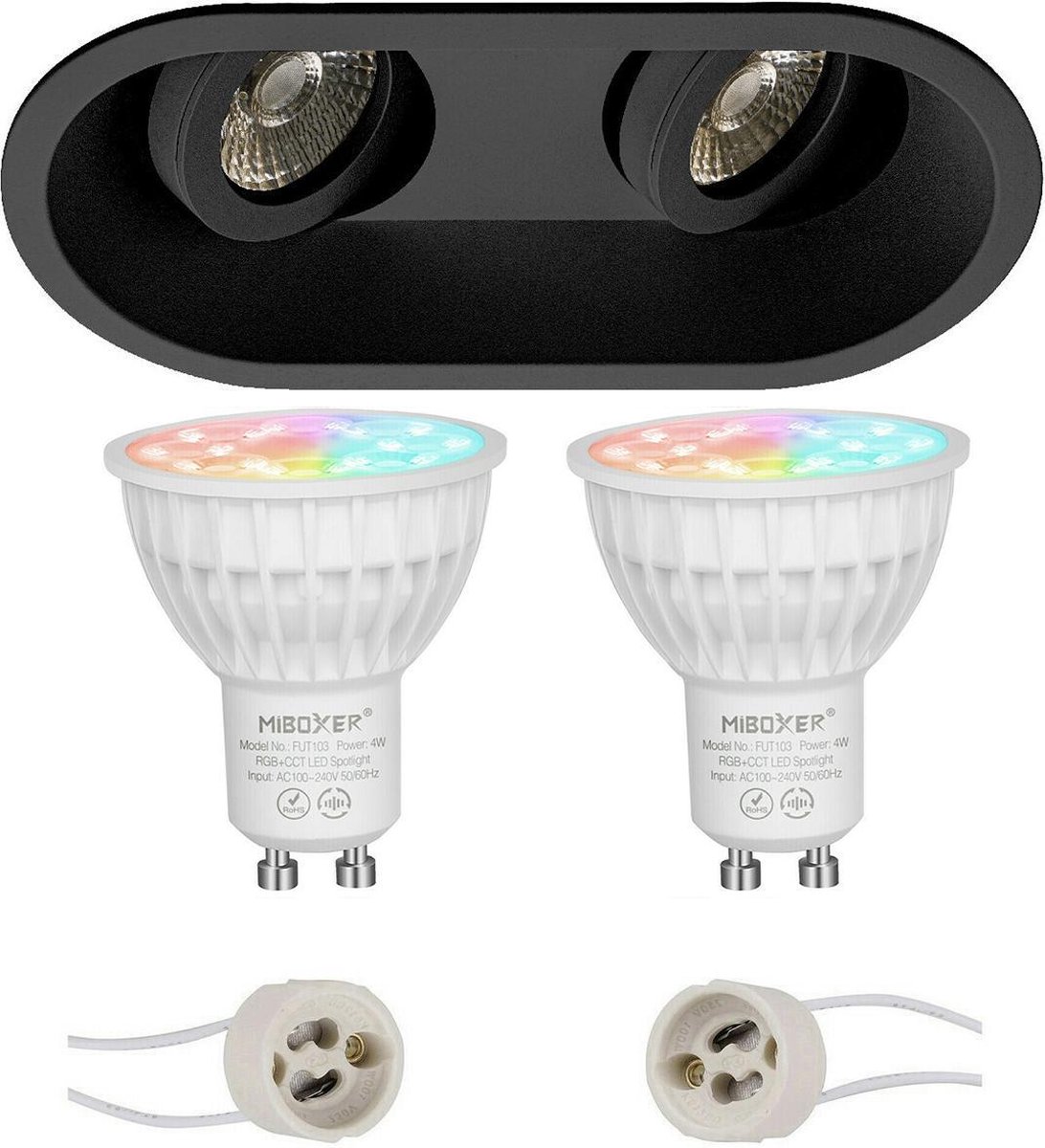 Mi-Light MiBoxer - LED Spot Set GU10 - Smart LED - Wifi LED - Slimme LED - 4W - RGB+CCT - Aanpasbare Kleur - Dimbaar - Proma Zano Pro - Inbouw Ovaal Dubbel - Mat Zwart - Kantelbaar - 185x93mm