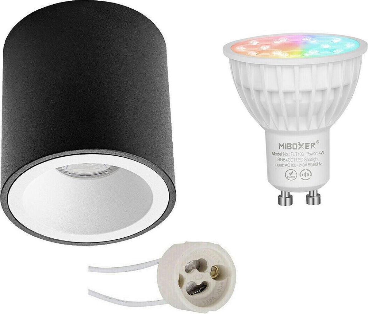 Mi-Light MiBoxer - Opbouwspot Set GU10 - Smart LED - Wifi LED - Slimme LED - 4W - RGB+CCT - Aanpasbare Kleur - Dimbaar - Proma Cliron Pro - Opbouw Rond - Mat Zwart/Wit - Verdiept - Ø90mm