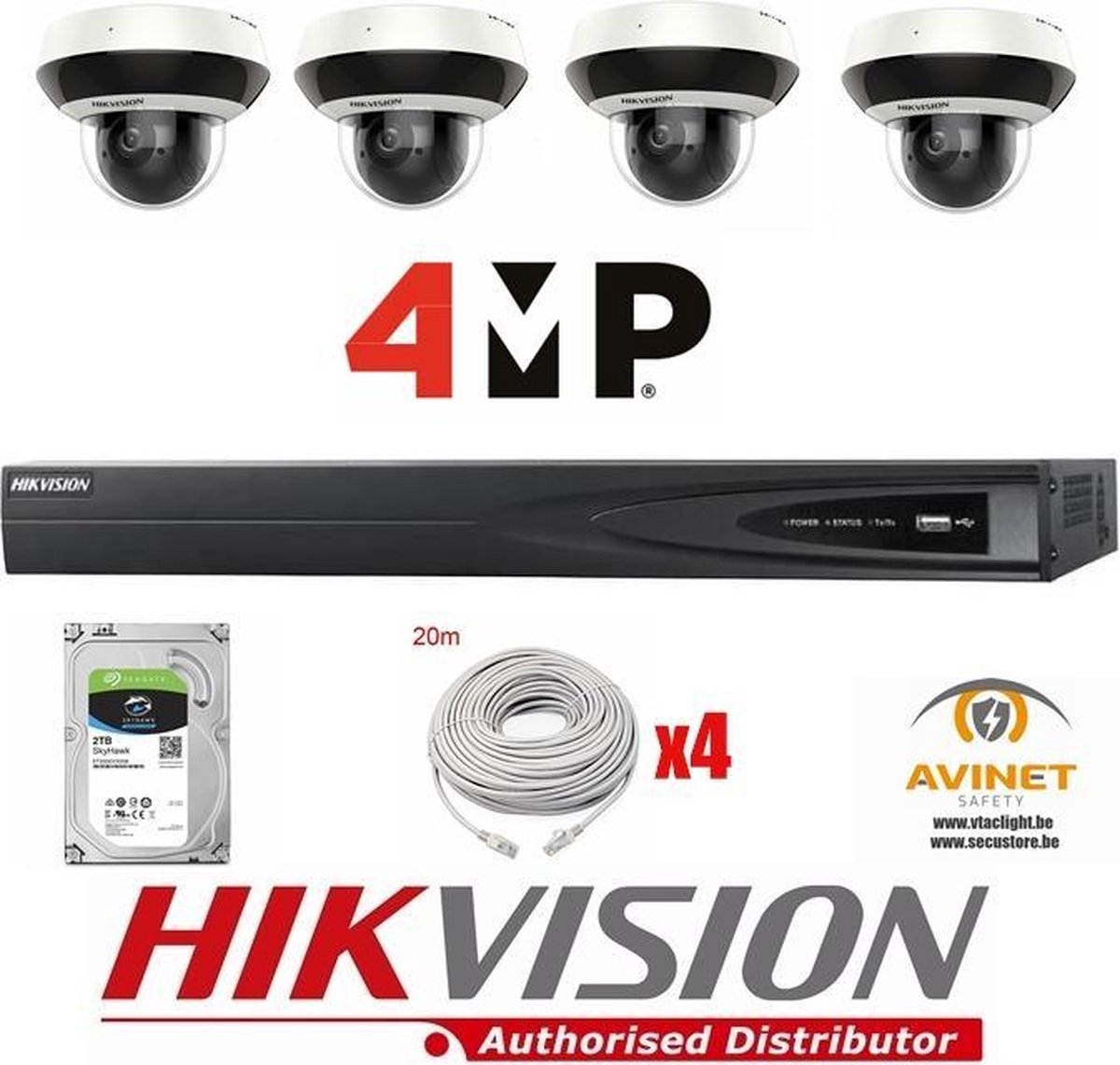 Kit Vidéo Surveillance Pro IP HIKVISION 4X Caméras POE Dômes motorisée IR 20M 4MP + Enregistreur NVR 4 canaux H265+ 2000 Go