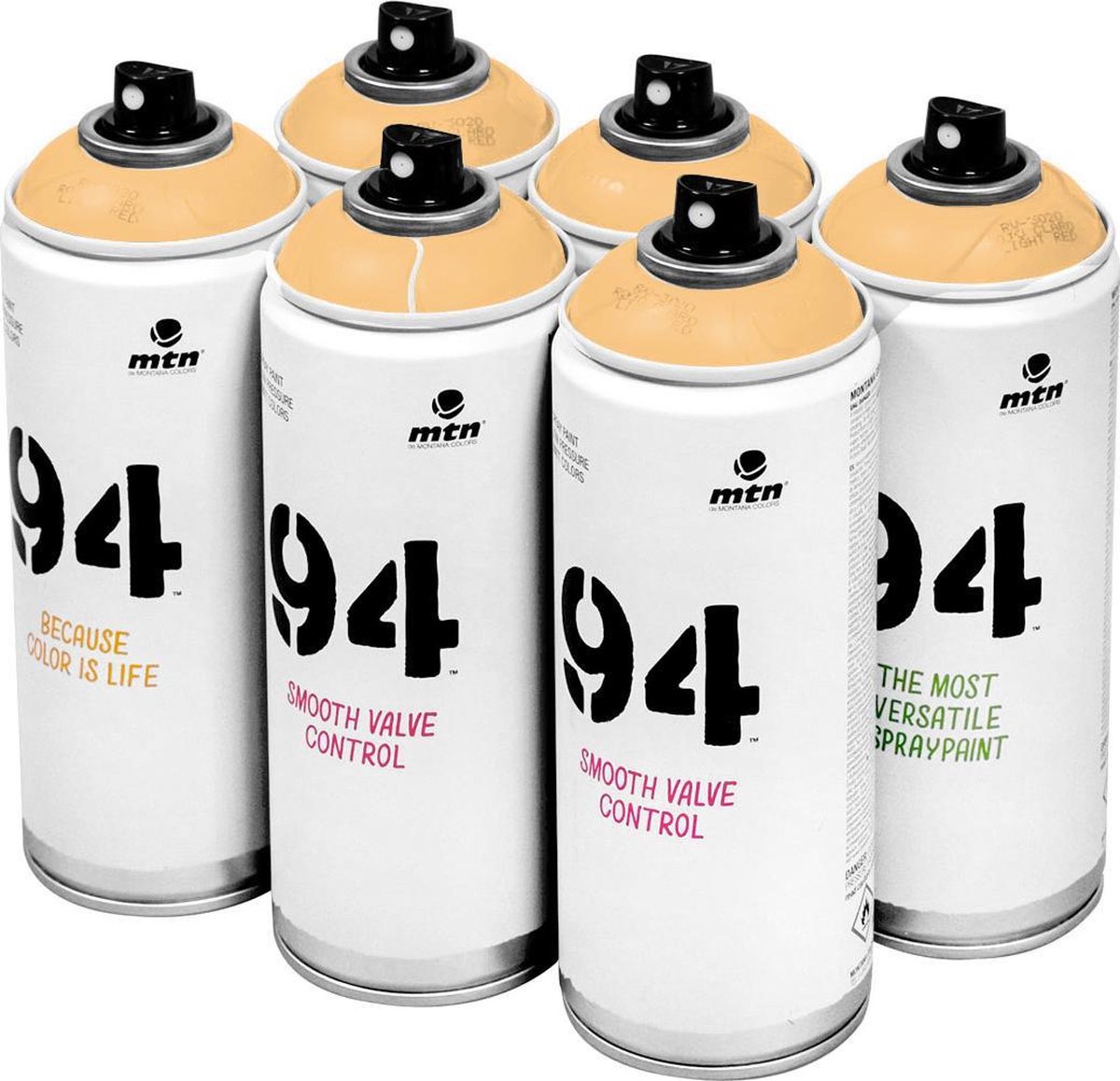 Montana Colors MTN 94 Plural Orange perzik oranje spuitverf 6 stuks 400ml lage druk en matte afwerking