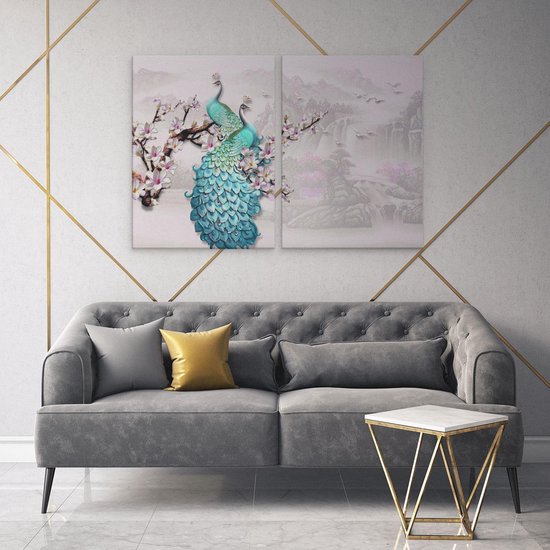 Artaza - Peinture sur toile Diptyque - Deux paons bleus - Abstrait - 120x80 - Photo sur toile - Impression sur toile