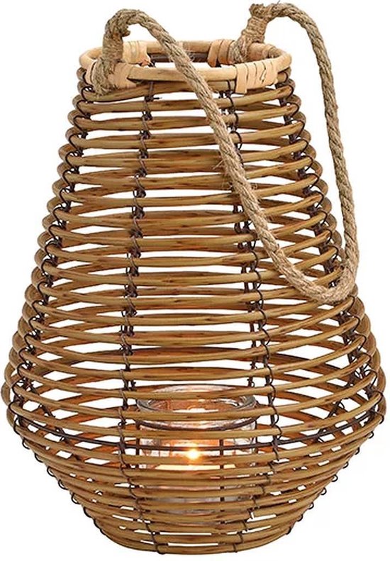 Lantaarn - Windlicht - Waxinelichthouder - Bruine lantaarn met glazen waxinelichthouder met touwhandvat