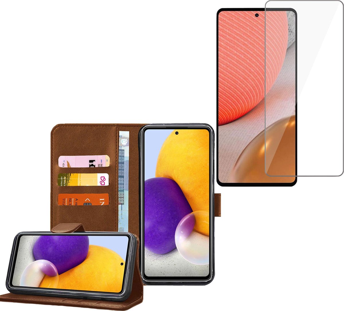 Hoesje geschikt voor Samsung Galaxy A42 - Screenprotector Glas - Book Case Portemonnee Hoesje Bruin