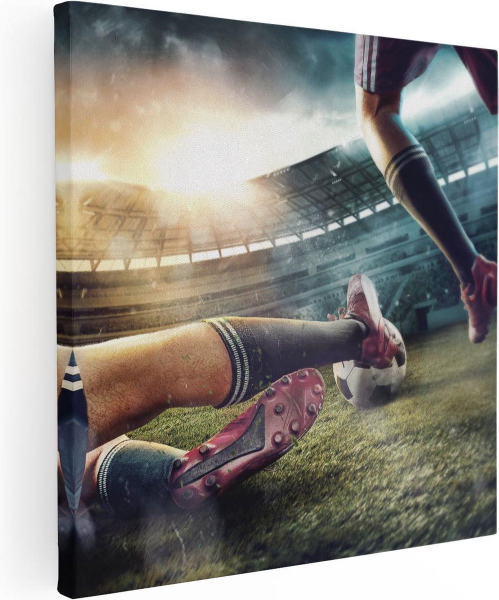 Artaza Canvas Schilderij Voetbal Sliding In Het Stadion - 70x70 - Foto Op Canvas - Canvas Print
