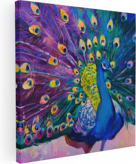 Peinture à l'huile abstraite d'un paon aux couleurs jaune, bleu, vert, orange et rose.