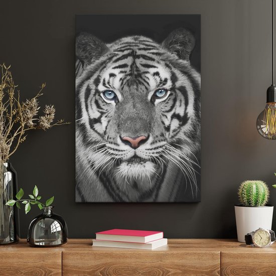 Artaza - Peinture sur toile - Tête de tigre aux yeux bleus - Zwart Wit - 20 x 30 - Klein - Photo sur toile - Impression sur toile