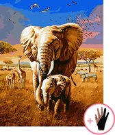 Schilderen Op Nummer Volwassenen Olifant Babyolifant Afrika Dieren – 40x50 cm - Inclusief Tekenhandschoen - Paint By Number Volwassenen