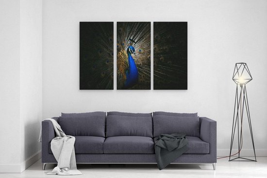 Artaza Canvas Schilderij Drieluik Blauwe Pauw Met Grote Veren - 120x80 cm - Wanddecoratie Woonkamer - Schilderijen - Muurdecoratie