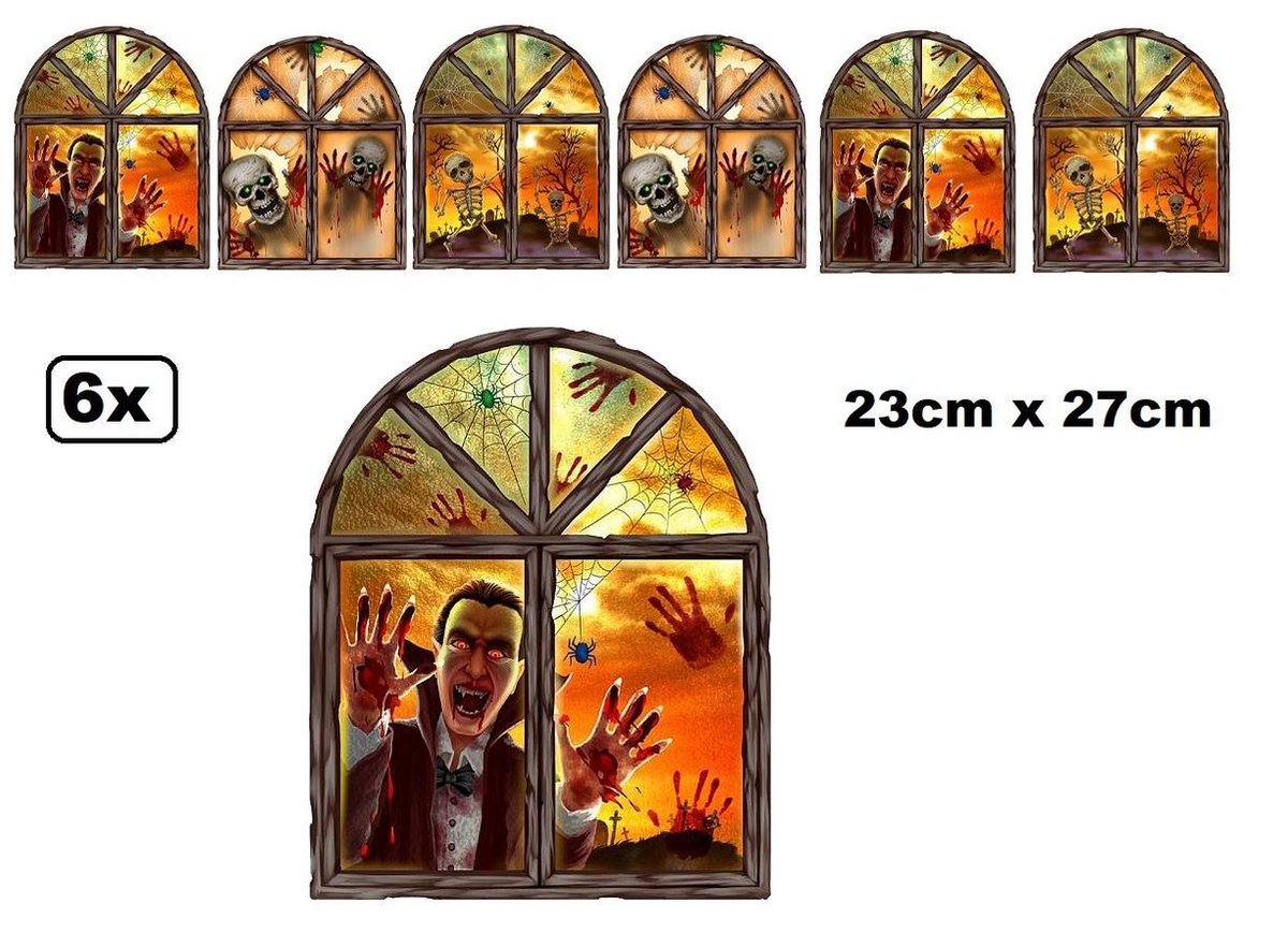 6x Raamstickers 3D assortie 23 x 27 cm - Halloween griezel scary thema feest festival horror