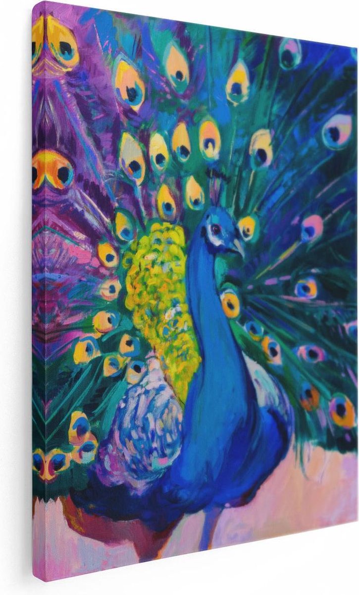 Artaza Canvas Schilderij Pauw Met Kleurrijke Veren Van Olieverf - Abstract - 30x40 - Klein - Foto Op Canvas - Canvas Print