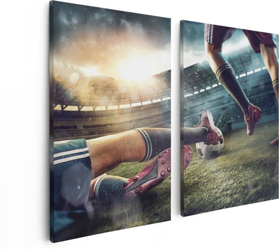 Artaza Canvas Schilderij Tweeluik Voetbal Sliding In Het Stadion - 80x60 - Foto Op Canvas - Canvas Print
