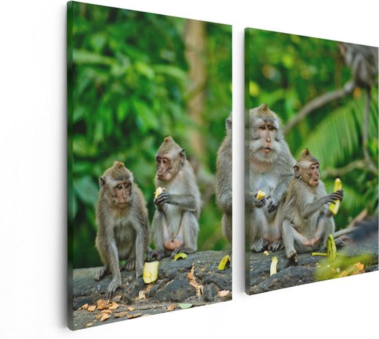 Artaza Peinture sur toile Diptyque Groupe de singes mangeant des bananes dans la forêt - 80 x 60 - Photo sur toile - Impression sur toile