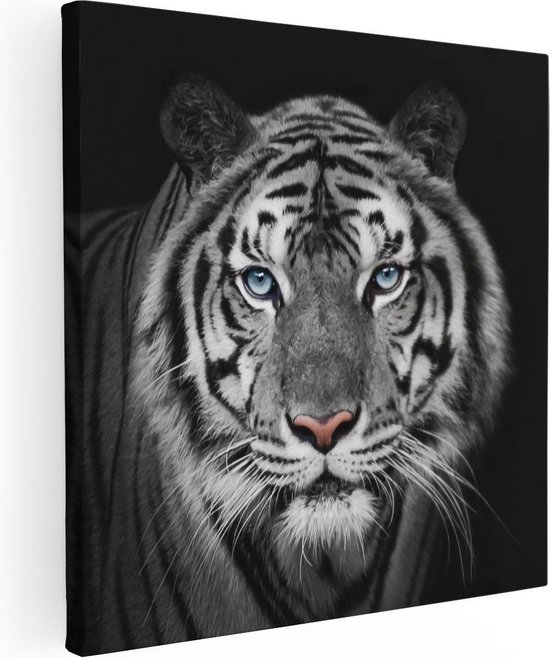 Artaza - Peinture sur toile - Tête de tigre aux yeux bleus - Zwart Wit - 40x40 - Klein - Photo sur toile - Impression sur toile