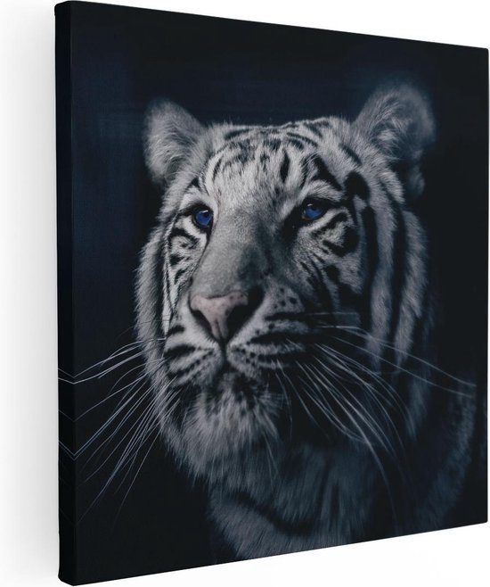 Artaza Peinture Sur Toile Tête De Tigre Aux Yeux Bleus - Zwart Wit - 40x40 - Klein - Tableau Sur Toile - Impression Sur Toile