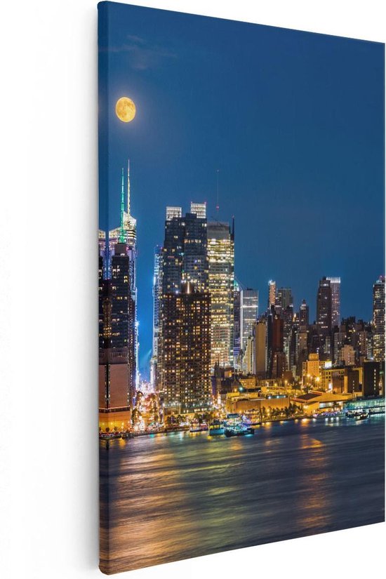 Artaza Canvas Schilderij Verlichte Skyline Van New York Met Volle Maan - 80x120 - Groot - Foto Op Canvas - Canvas Print