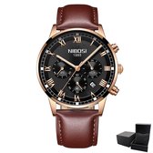 NIBOSI - Horloge voor mannen - Bruin/Rosé/Zwart - Quartz - 42mm - Leren band - 3 ATM waterdicht