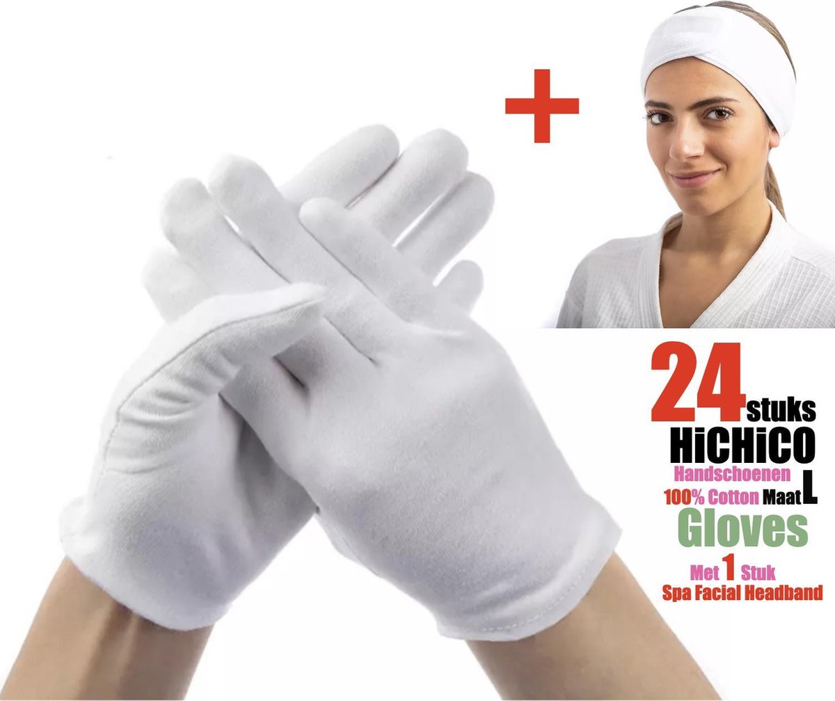 24 Stuks Witte katoenen Handschoen + 1 Stuks Haarband Met Magische Tape – 12 Pairs Soft Cotton Gloves Coin Jewelry Silver Inspection Gloves Stretchable Lining Glove / Headband - Gloves 100% Cotton Maat L