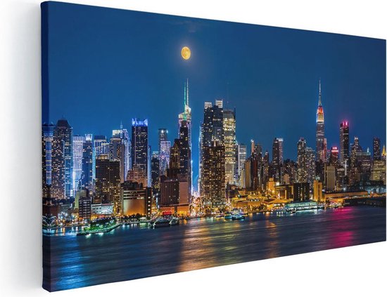Artaza Canvas Schilderij Verlichte Skyline Van New York Met Volle Maan - 120x60 - Groot - Foto Op Canvas - Canvas Print