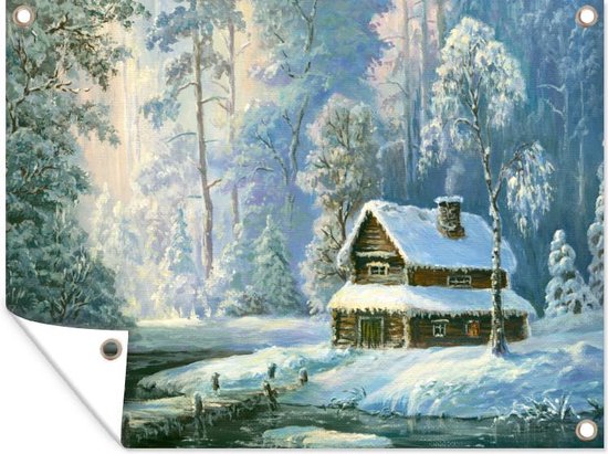Tuin decoratie Winter - Schilderij - Huis - 40x30 cm - Tuindoek - Buitenposter