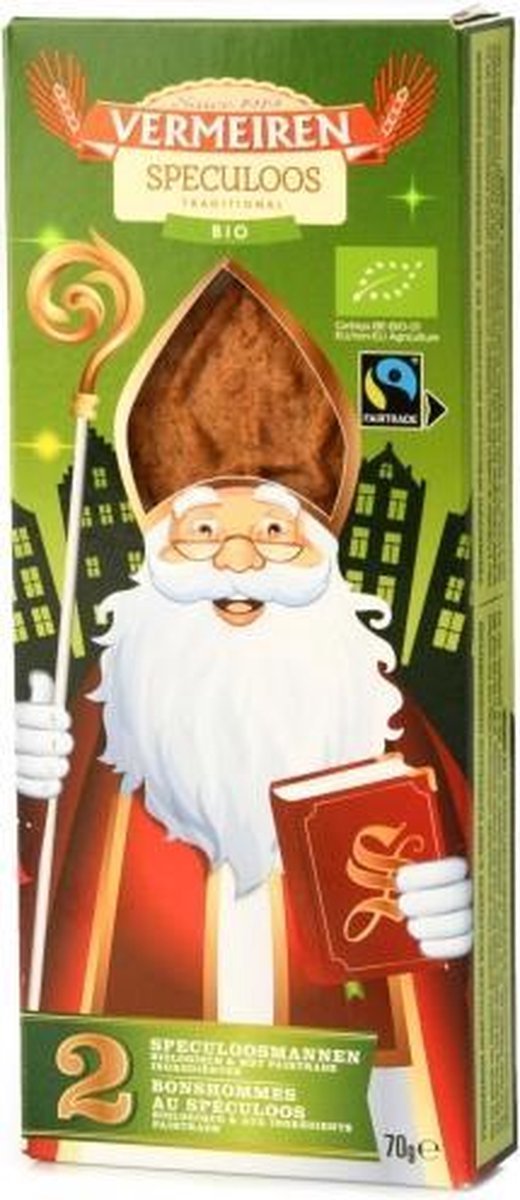 Vermeiren traditionele bio Sinterklaas speculaaspop (24 doosjes met telkens 2 speculoos koeken van 35 gram)