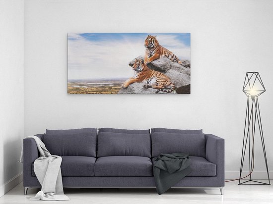 Artaza - Peinture sur toile - Deux tigres sur des rochers avec le ciel bleu - 120 x 60 - Groot - Photo sur toile - Impression sur toile
