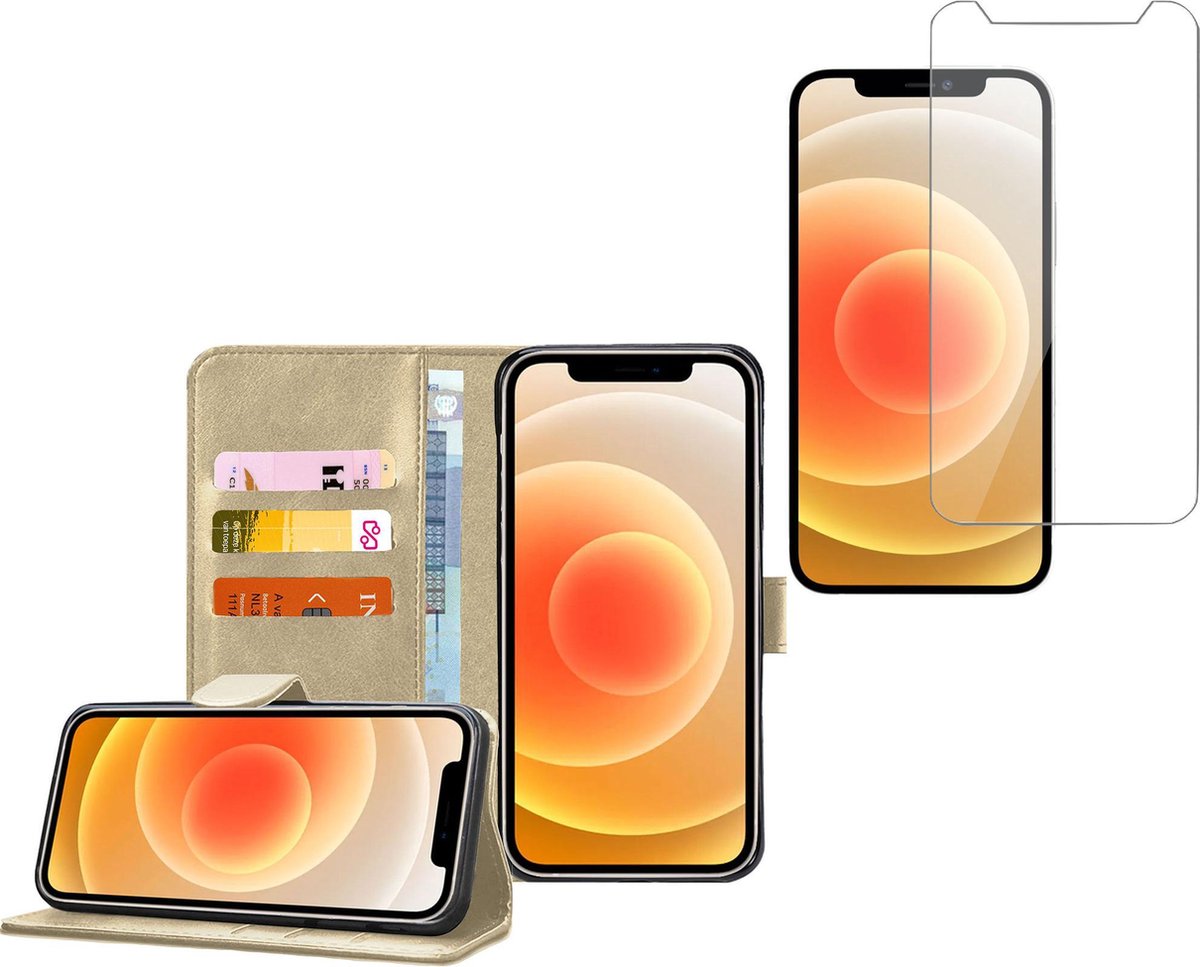 Geschikt voor iPhone 13 Mini - Book Case Portemonnee Hoesje Goud met Screenprotector