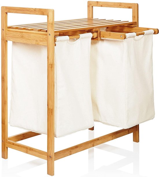 Panier à linge 3 compartiments avec sacs amovibles bambou et blanc