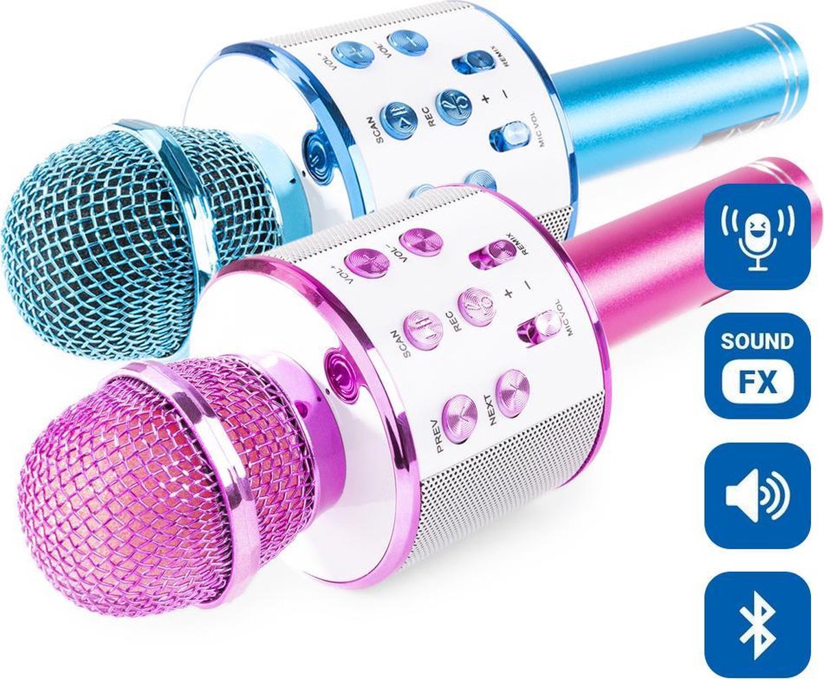 Karaoke microfoon Bluetooth (2x) - MAX KM01 - met o.a. speaker, echo & stemvervormer - Blauw / Roze