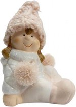 kerstbeeld meisje zittend 12 cm keramiek roze/wit