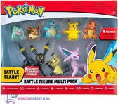 Pokemon Battle Figure Multi Pack (8 verschillende speelfiguren)  + Pokémon Balpen + 5 verschillende Pokemon Stickers! | Bulbasaur, Eevee, Squirtle, Pikachu, Charmander, Mimikyu, Um