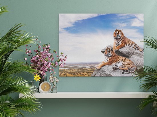Artaza Toile Peinture Deux Tigres Sur Des Rochers Avec Le Ciel Bleu - 40x30 - Klein - Image Sur Toile - Impression Sur Toile